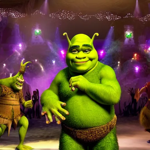 Prompt: shrek is the swamp dance party
