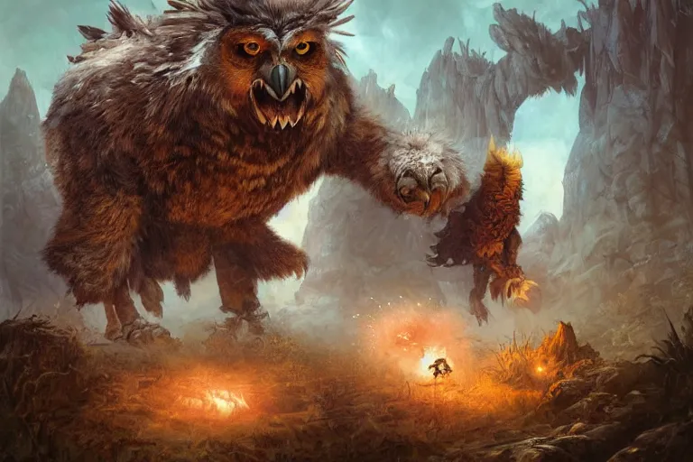 Prompt: An awesome painting of an intimidating large owlbear encounter, video game concept art by Jean Baptiste Monge, Brian Froud, Wizards of the Coast, Magic The Gathering, Blizzard, Games Workshop, Greg Rutkowski, Craig Mullins, WETA, Elder Scrolls.