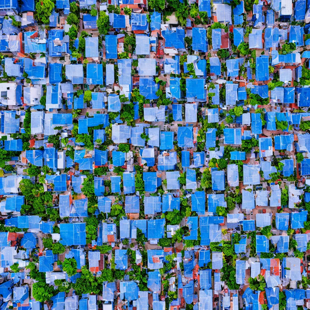 Image similar to bird's eye view of blue rooftop with clean streets, 4k