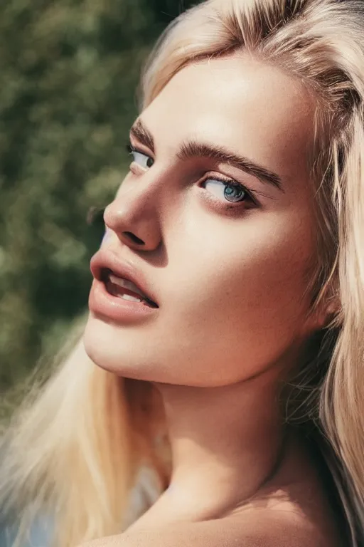 Image similar to photograph of a vintage photo of an olive skinned blonde female model in her twenties, wearing a designer top, looking content, focused on her neck, photo realistic, extreme detail skin, natural beauty, no filter, slr, golden hour, 4 k, high definition, selfie