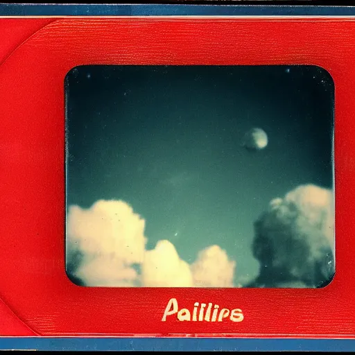 Image similar to vintage polaroid of an alien landscape, detailed clouds, planets visible in the sky, warm azure tones, red color bleed, film grain