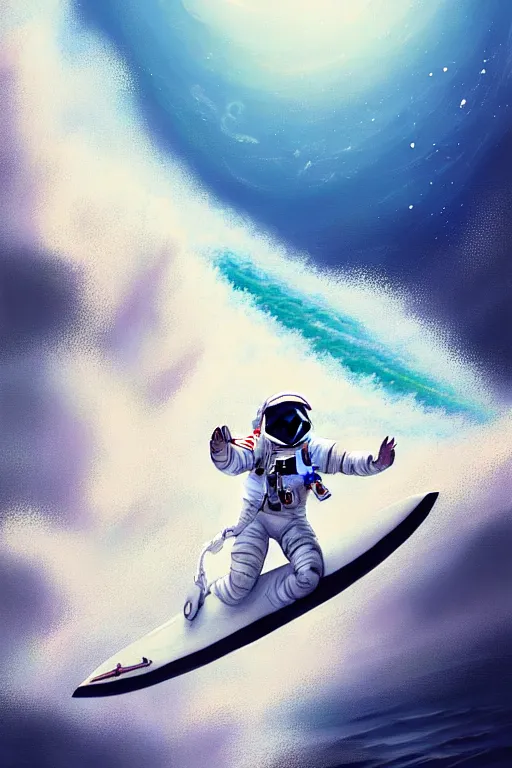 Image similar to a beautiful digital painting of an astronaut in a white space suit surfing the great wave on a surfboard by greg rutkowski, photorealistic, trending on artstation, octane render