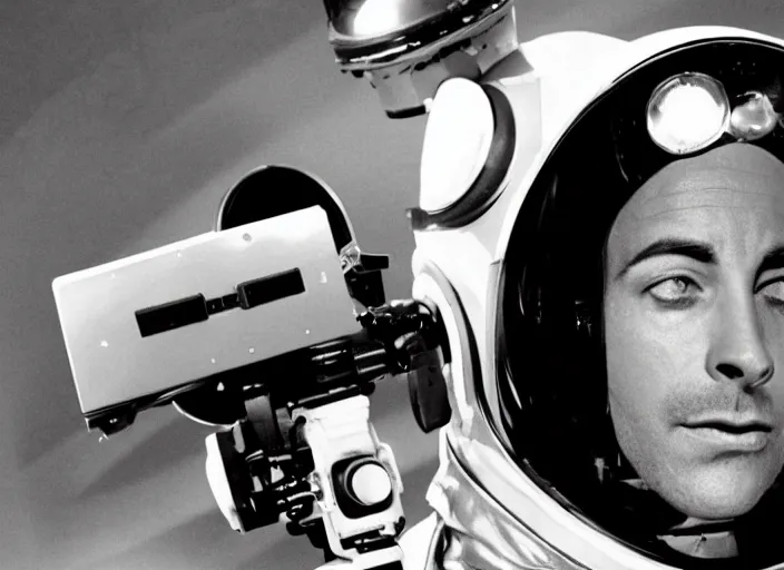 Prompt: a noir detective astronaut, black and white cinema, cinematic composition