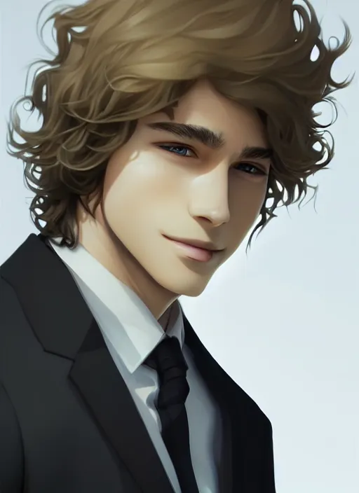 Image similar to young man with medium - length, curly, golden hair, perfectly proportioned face, aquamarine eyes, sweet smile, wearing a black suit, natural lighting, path traced, highly detailed, high quality, animation art, digital painting, by new haicheng and studio ghibli