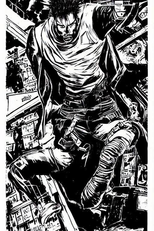 Image similar to david guretta, doing a heroic pose, a page from cyberpunk 2 0 2 0, style of paolo parente, style of mike jackson, adam smasher, johnny silverhand, 1 9 9 0 s comic book style, white background, ink drawing, black and white