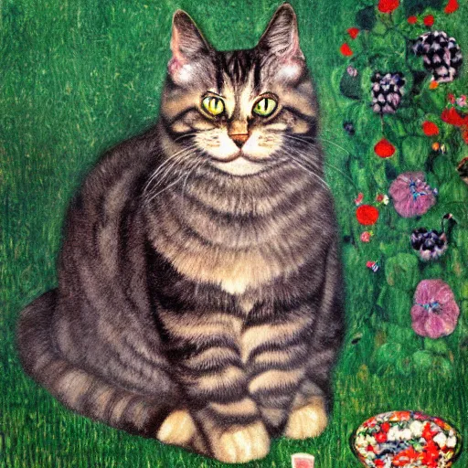 Image similar to portrait of a very fluffy dark tabby cat with green eyes eating cat food, happy cat, canned food, moonlight, full body, smiling cat, golden colors, flowers, intricate, elegant, highly detailed, smooth, sharp focus, illustration, art by gustav klimt