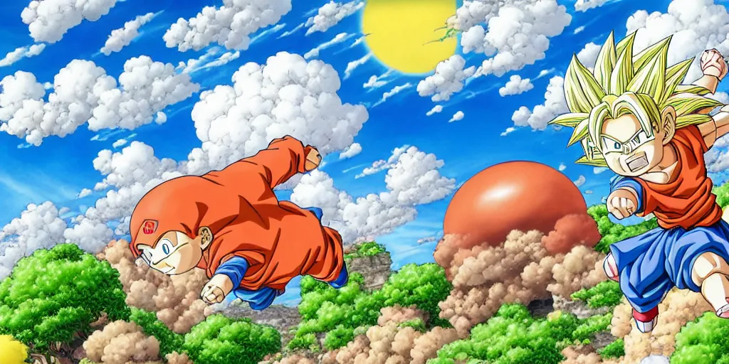 Prompt: Painting kame house cloud background art, official, detailed, dragonball, award winning artwork, Akira Toriyama