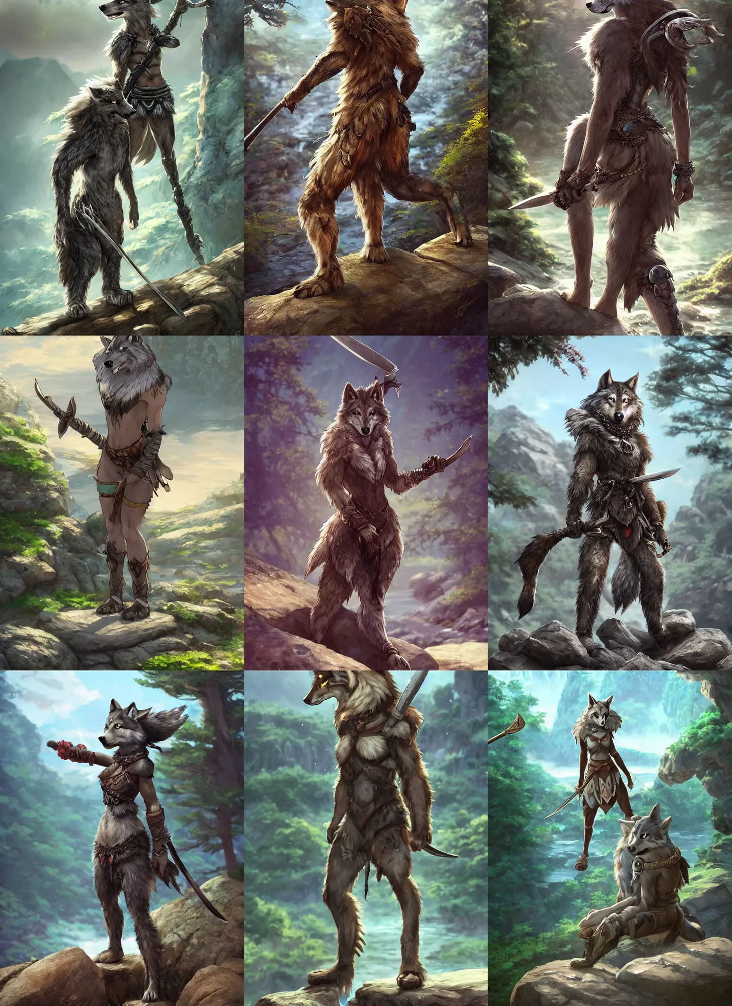 Prompt: an anthropomorphic wolf warrior, with a tail, standing heroically on a rock holding a sword in her hand. Adventurous, new adventure, with a tail, forest, rocks, stream, ripples, tribal armor, female, wolf wolf wolf, atmospheric lighting, stunning, brave. By Makoto Shinkai, Stanley Artgerm Lau, WLOP, Rossdraws, James Jean, Andrei Riabovitchev, Marc Simonetti, krenz cushart, Sakimichan, D&D trending on ArtStation, digital art.