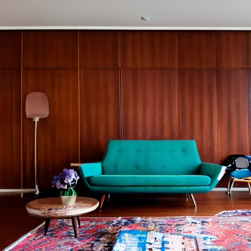 Prompt: the interior of a mid century modern living room with an eames chair