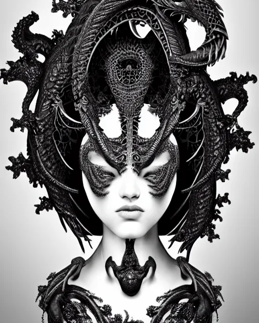 Image similar to dark background, a black and white high quality dreamy photo of a young beautiful female queen-dragon-vegetal-cyborg bust with a very long neck and delicate Mandelbrot fractal face, elegant, highly detailed, flesh highly baroque ornate, hair are curled wired cables, elegant, poetic, soft, dreamy, mysterious, high fashion, rim light, in the style of Ellen von Unwerth, Realistic, Refined, Digital Art, Highly Detailed, Cinematic Lighting, rim light, black and white, photo-realistic, 8K