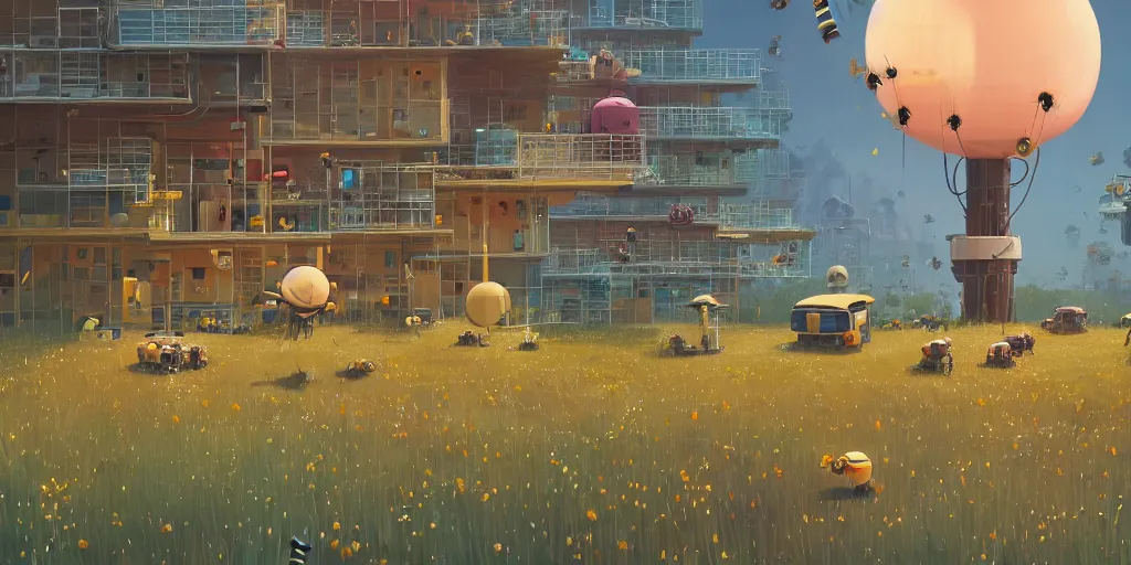 Image similar to honey bee world and hives by Goro Fujita and Simon Stalenhag , 8k, trending on artstation, hyper detailed, cinematic