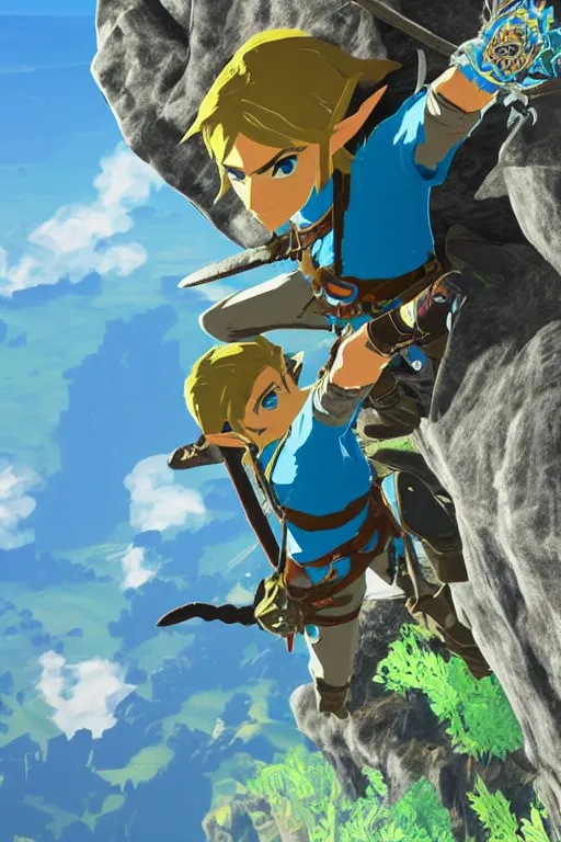 Prompt: in game footage of link from the legend of zelda breath of the wild climbing using magnesis, breath of the wild art style.