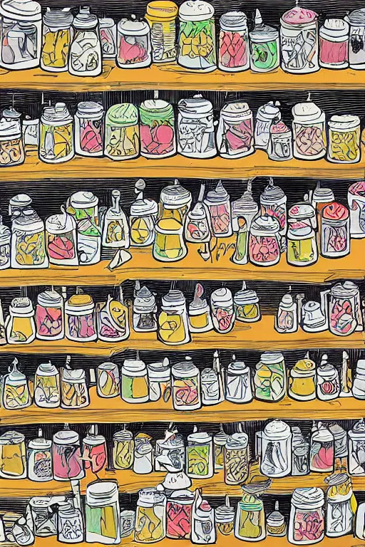 Prompt: mcbess illustration of a old shop full of jars of sweets, rainbow gouache