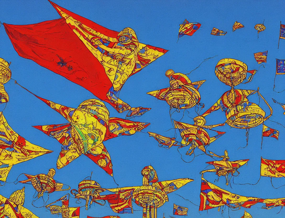 Prompt: ufos flying mysterious flags over a small city, low angle, stylized, sparse detail, by mati klarwein and moebius