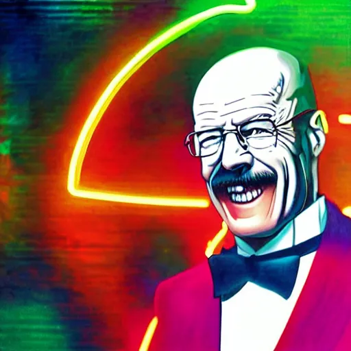 Image similar to portrait of walter white in a tuxedo, laughing in a modern night club, neon lights