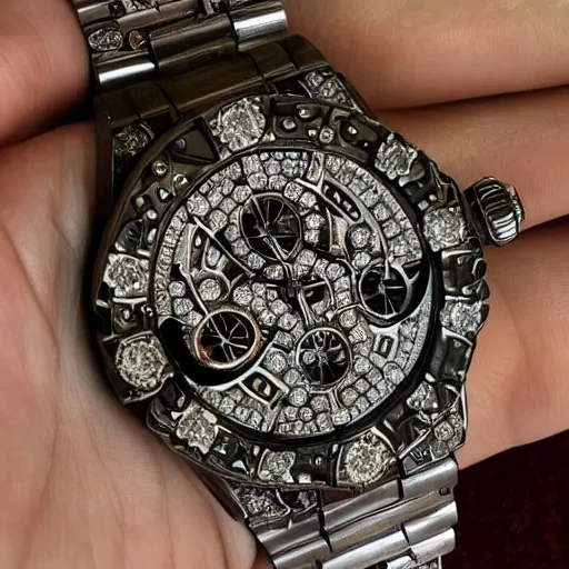 Image similar to vvs diamond watch, intricate design, rolex, cogs and gears, steampunk watch, bejeweled beautiful watch, richard mille, breitling watch