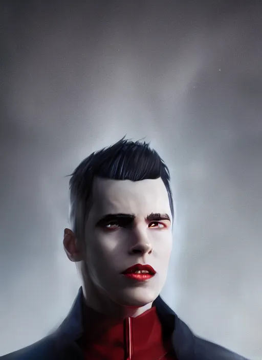 Image similar to An epic fantasy comic book style portrait painting of a young man with black cowlick haircut, wearing black overcoat, red clothes, blue jeans. Unreal 5, DAZ, hyperrealistic, octane render, cosplay, RPG portrait, dynamic lighting