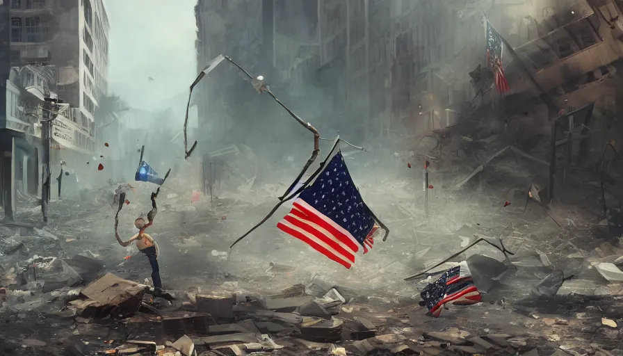 Prompt: child flying a torn american flag while running through streets of destroyed washington dc, collapsed buildings with debris and dust, hyperdetailed, artstation, cgsociety, 8 k