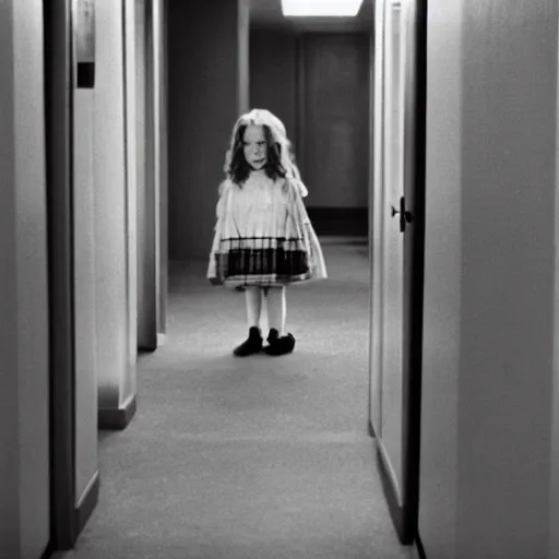 Image similar to two little girls staring at you from the hotel hallway, from the movie the shining