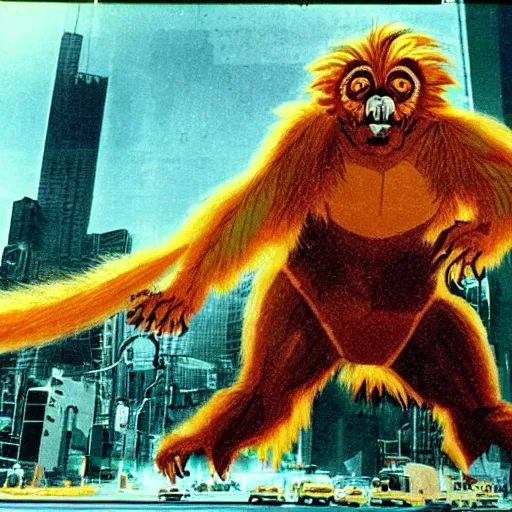 Prompt: golden lion tamarin destroying tokyo in the style of the movie godzilla, cinematic lighting, cinematic framing and shadows 1 9 7 0 s aesthetic