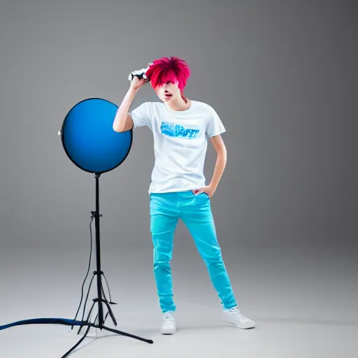 Image similar to a portrait of a teenager with cyan colored hair, white t - shirt with a no symbol on it, blue long pants and red shoes, holding a microphone, studio lighting, photoshoot, grey backdrop