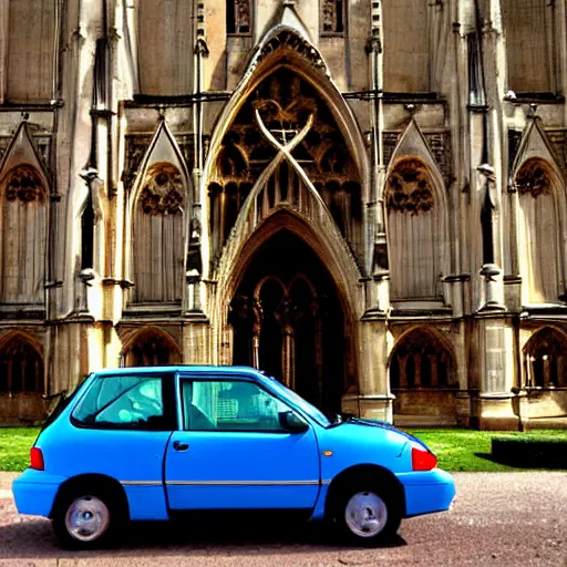 Prompt: a geo metro, parked in a cathedral