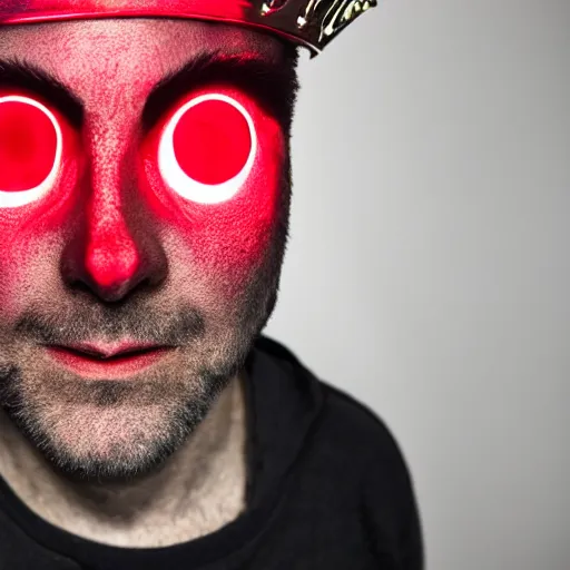 Image similar to man with a crown, smirk, photograph, black backgrounds, glowing red eyes