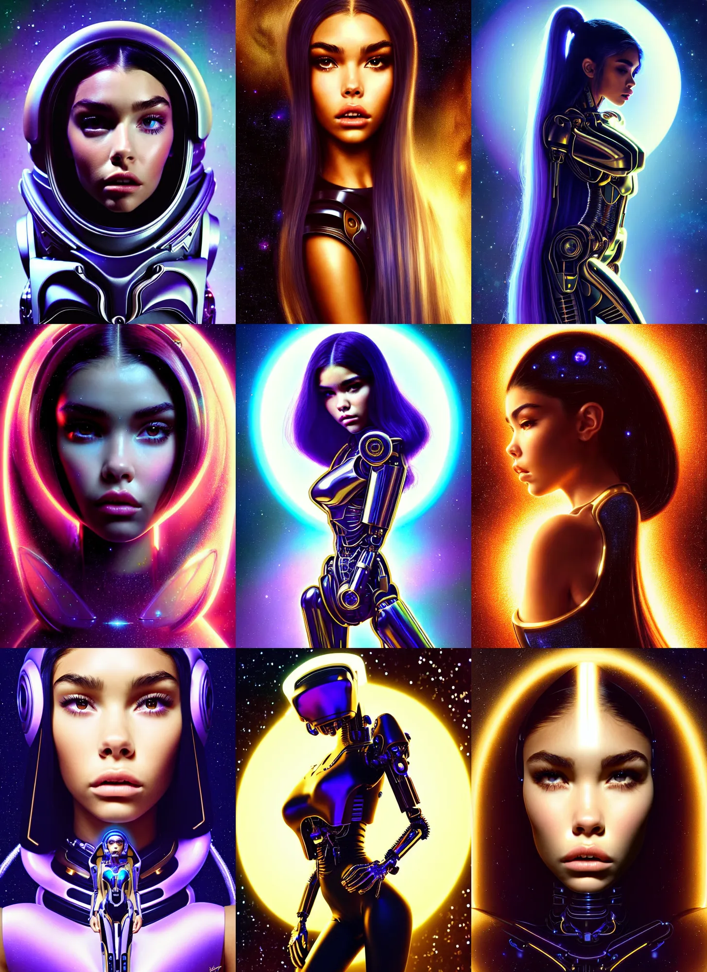 Prompt: madison beer as a galactic cyborg | creamy ivory polished decadent alluring pouty ornate soft masterpiece | weta disney pixar movie still portrait photo | hi - fructose, sci fi, fantasy, golden ratio, film, dslr, cinematic 4 k, highly detailed, artstation, realism | beeple, artgerm, mucha, wlop, loish |