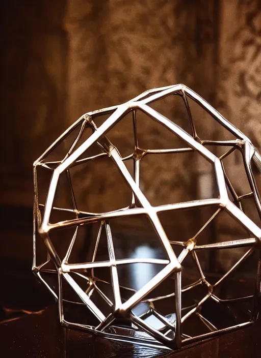 Image similar to a reflective symmetrical polyhedral 3 d printed steel engineering trophy at a high end bar in a medieval themed castle in golden afternoon light, professional food photography