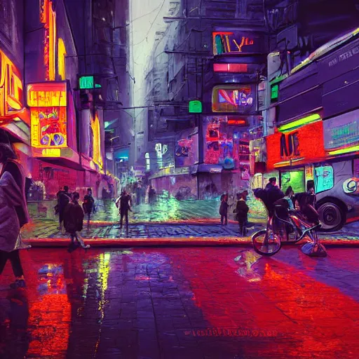 Image similar to Neon city, big street, people walking, Sergey Zabelin, cyberpunk, high detail, photo realistic, art station