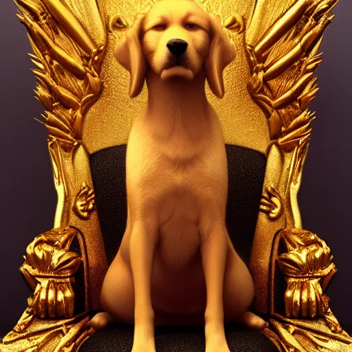 Image similar to golden dog sitting on a fiery throne, stylized, artgerm, artstation, hd, cgsociety, cgi, realistic, dramatic, cinematic, artistic, trending, detailed