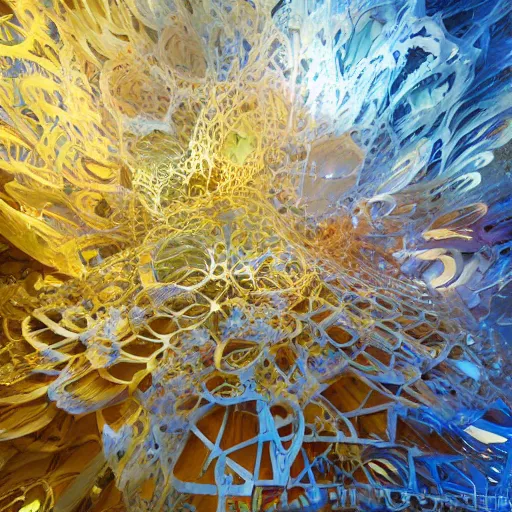 Image similar to round symmetrical shape with fractals inside, Intricate mandelbulb fractal, The knotted ethereal cluttered dreams by Frank Gehry and Joan Mitchell, artists impression, cgsociety, abstract sculpture lit dramatically with intense lighting, deep shadows and bokeh