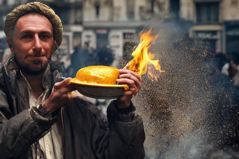 Image similar to closeup potrait of a man carrying molten cheese over his head during a fire in Paris, photograph, natural light, sharp, detailed face, magazine, press, photo, Steve McCurry, David Lazar, Canon, Nikon, focus