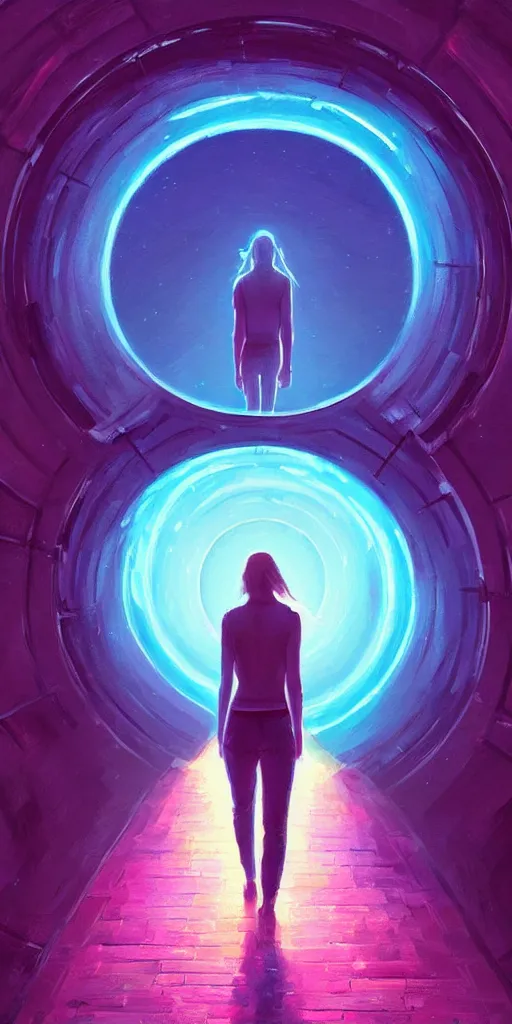 Image similar to a beautiful painting of a person walking out of a stargate by sylvain sarrailh 8 k particulate neon light film grain