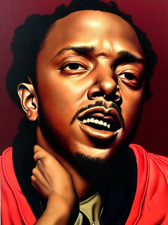 Image similar to kendrick lamar portrait by gil elvgren and norman rockwell and rob gonsalves and hajime sorayama, hyperrealistic, high detail, ultra detailed, highly detailed face, ruffled fabric