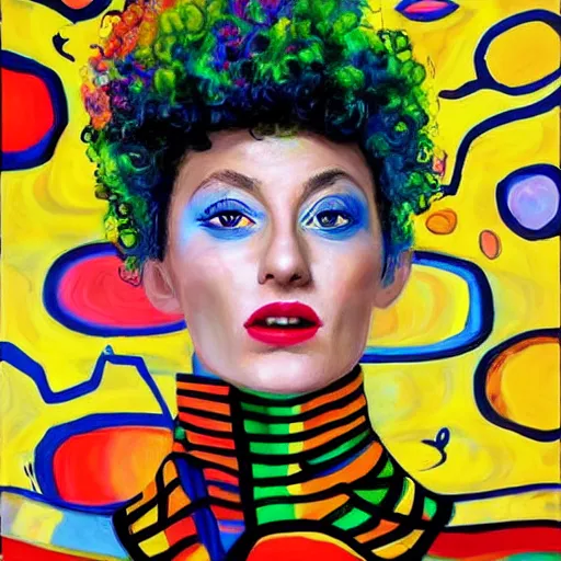 Prompt: a portrait of katja schuurman in a turtle neck sweater, artistic, colourful, vibrant, art, high fashion, painting