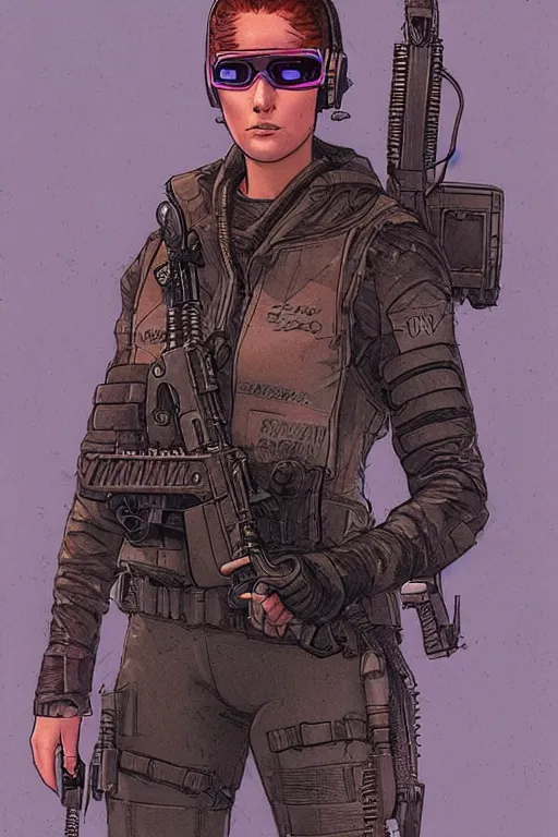 Image similar to maria. Deadly blackops mercenary in tactical gear and cyberpunk headset. Blade Runner 2049. concept art by James Gurney and Mœbius.