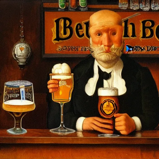 Prompt: A pint of beer sitting on a bar, Johfra Bosschart