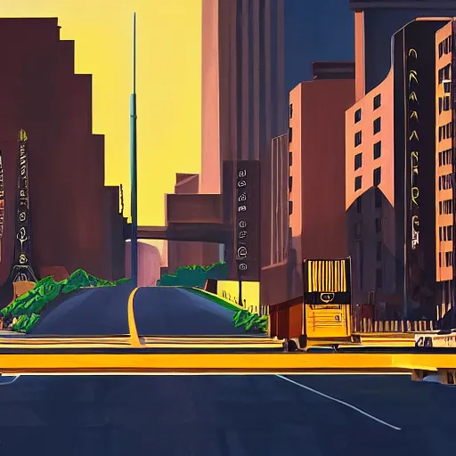 Image similar to ups deliveryman drived ups truck down art deco highway, goliath statue support beams, ayn rand raised highway, filiment buld traffic lights, golden light, dark oil painting, global illumination