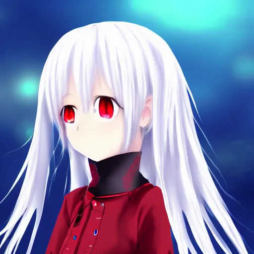 Prompt: white hair red eyes two small horn on the head anime style anime girl, moon background