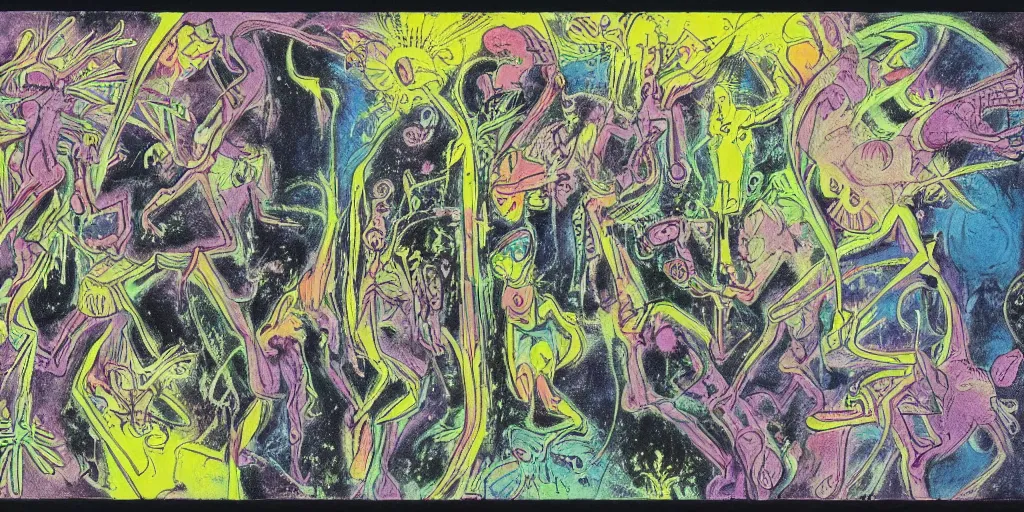 Image similar to dawn of creation; first atom; beings of light and darkness; ethereal plane. Bright neon colors. illustrated by maurice sendak and Stephen Gammell and jean dubuffet