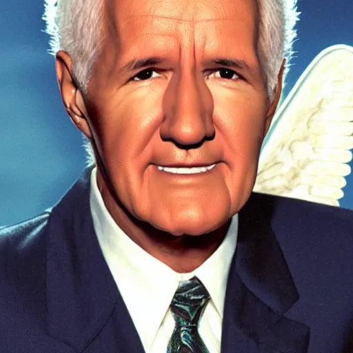 Prompt: alex trebek as an angel, futuristic, dreamy, wings spread