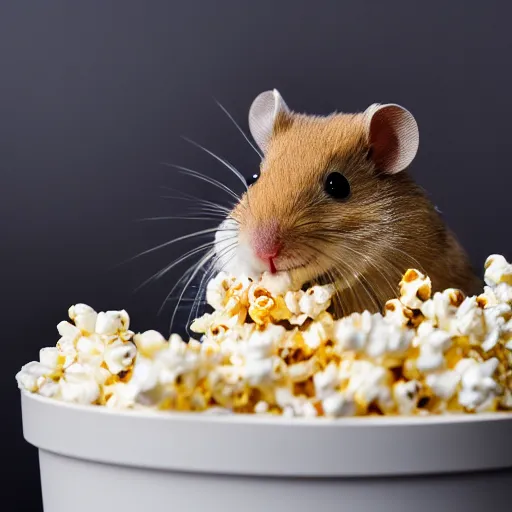 Prompt: photo of a hamster eating popcorn from a bucket of popcorn, various poses, unedited, soft light, sharp focus, 8 k