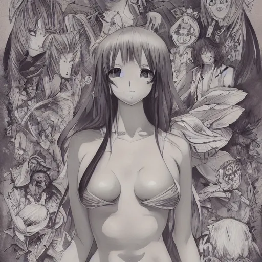 Image similar to the transfiguration of a anime girl in bikini, an ultrafine detailed painting by james jean, greyscale, behance contest winner, vanitas, angular, altermodern