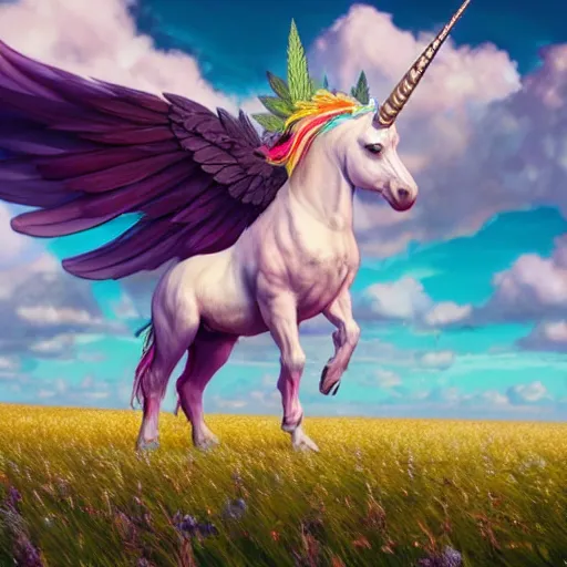 Image similar to a unicorn with wings eating in a field of marijuana, colorful sky, art by artgerm and greg rutkowski and alphonse mucha, concept art, octane render, unreal engine 5, highly detailed, high quality, 8 k, soft lighting, realistic face, path traced