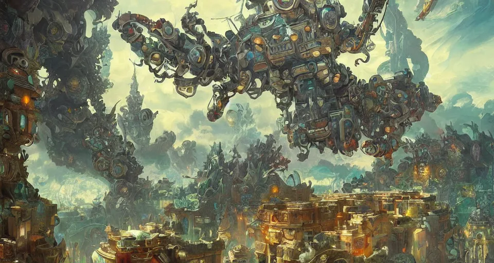 Image similar to multiversal otherworldly realm with flying mecha octopus with chic streets and shops and lush volcanic garden and intricate luxurious scifi homes, allegorical style, by peter mohrbacher, jeremy mann, francoise nielly, van gogh, ross tran, beautiful, award winning scenery