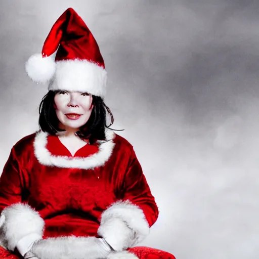 Image similar to Singer Björk wearing a Santa Claus hat