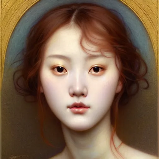 Image similar to Masterpiece head and shoulder portrait of young korean female idol drawn by Donato Giancola and Tom Bagshaw, face by Artgerm and Edmund Leighton, Alphonse Mucha, background by James Jean and Gustav Klimt, 4k, porcelain skin, komorebi, french nouveau, trending on artstation, octane render, hyperrealistic