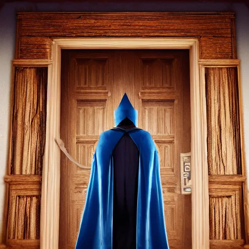 Image similar to a wizard in a cloak standing in front of the door of wisdom, tall door, high ceiling, magic light, cinematic atmosphere, high definition, ultra detailed