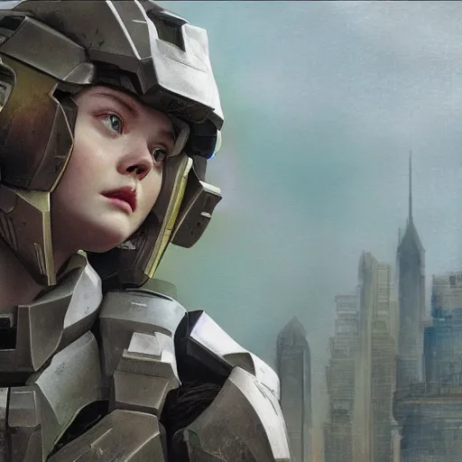 Image similar to Elle Fanning, head and shoulders masterpiece, in Halo 2, in a garden, artstation, in the style of Art Deco and Edward Hopper and Bosch, extremely detailed